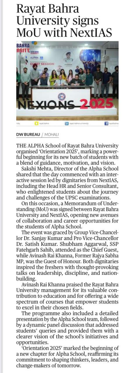 Media  coverage of MoU Signed Between Rayat Bahra University and NextIAS During Orientation