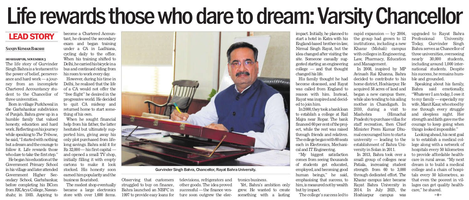 From Dream to Institution: Gurvinder Singh Bahra’s Inspiring Journey Featured in The Tribune