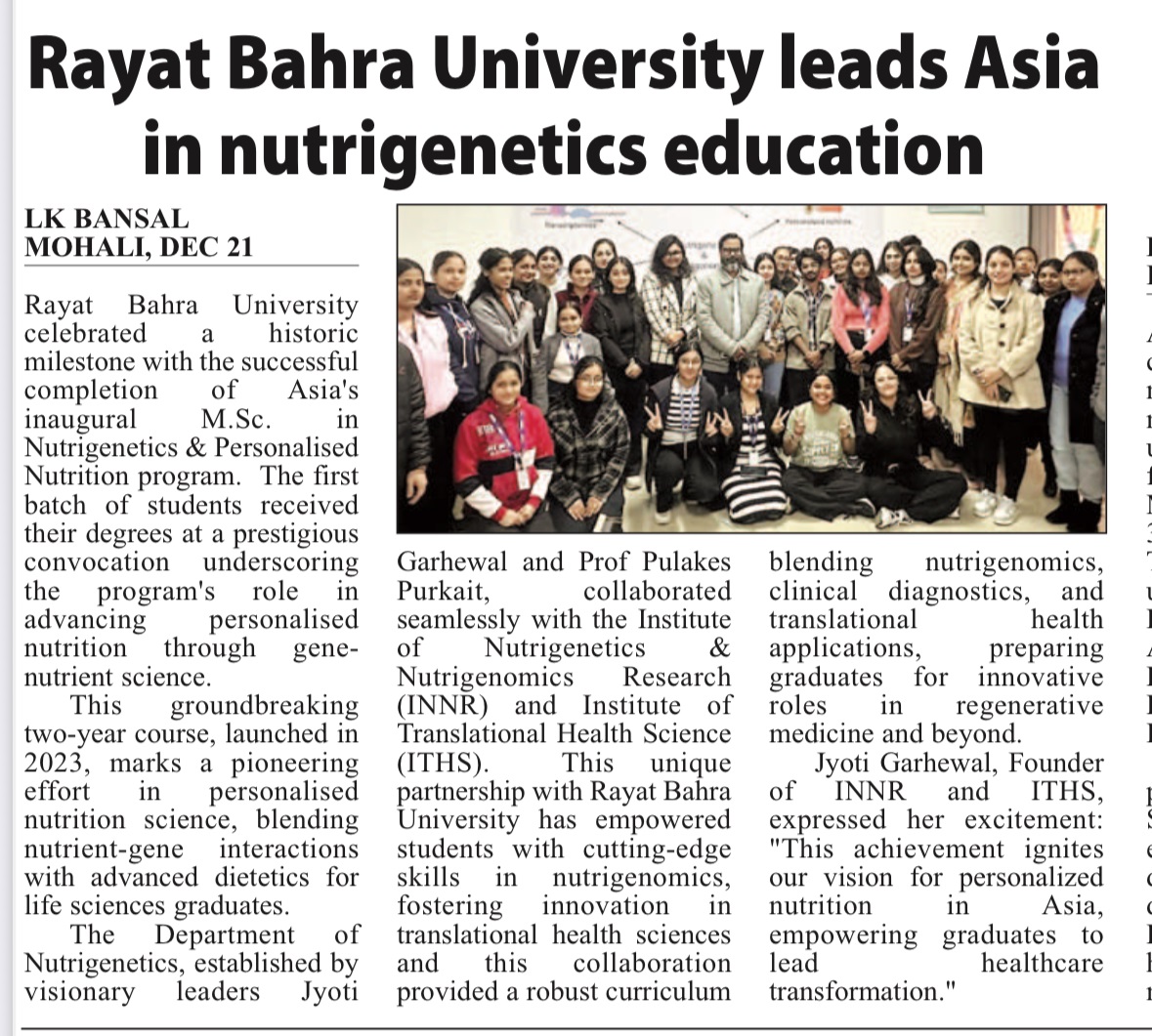 Rayat Bahra University Leads Asia in Nutrigenetics Education