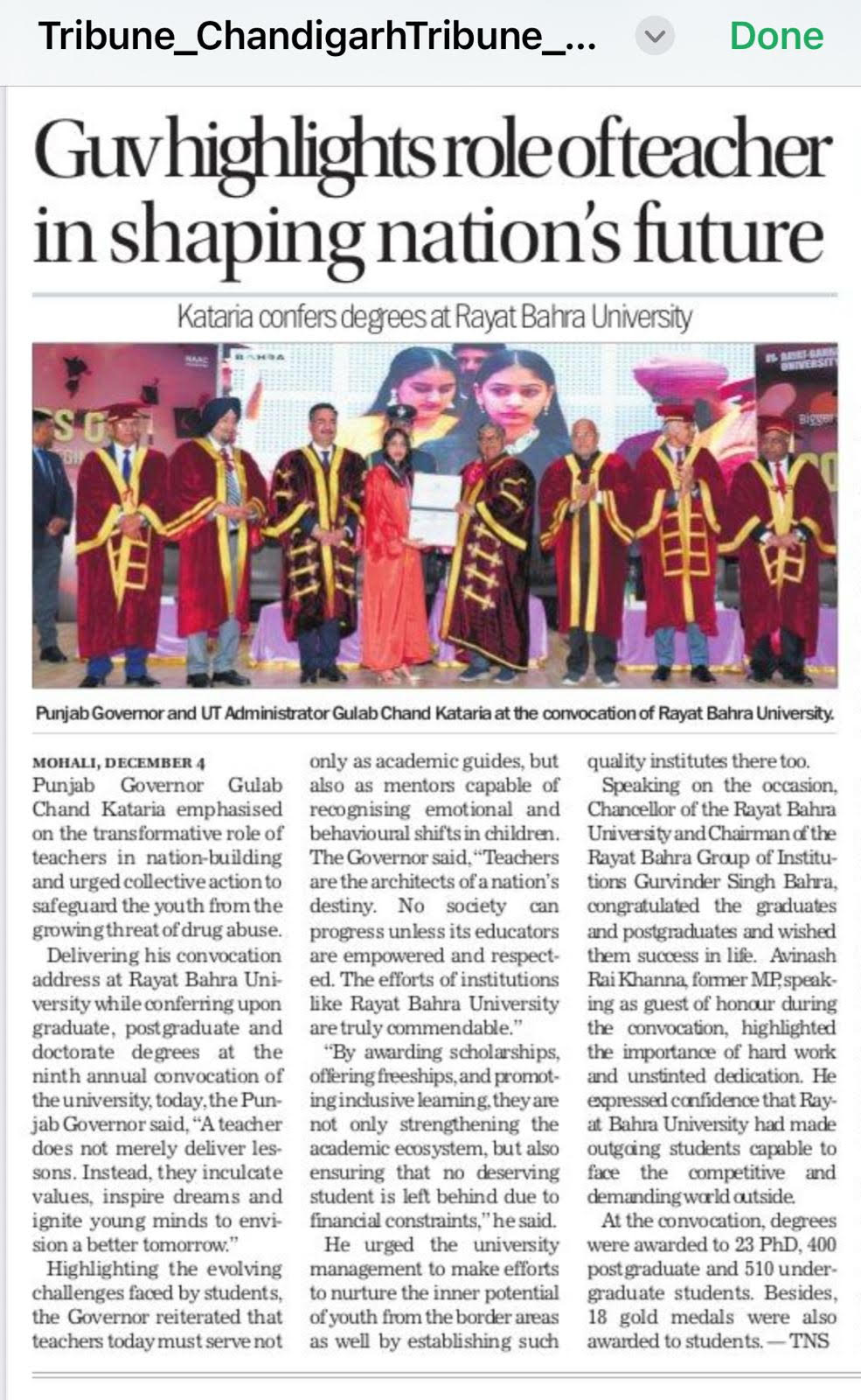 The 9th Convocation of Rayat Bahra University was prominently featured in leading print and electronic media outlets. The comprehensive coverage showcased the success and significance of the event.